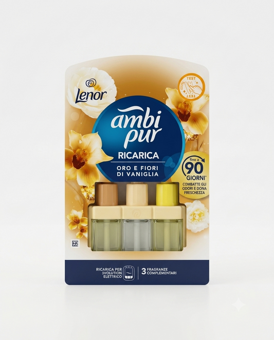Ambi Pur 3Volution ricarica diffusore elettrico Oro e Fiori di Vaniglia Lenor 20 ml elimina odori fino a 90 giorni.