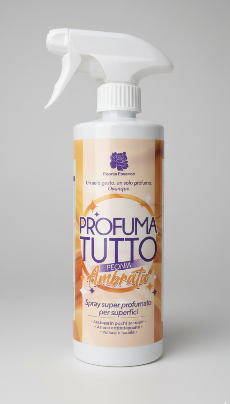 Peonia Essence Profumatutto Spray 480ml – Pulitore Multiuso Profumato per Superfici e Tessuti ad Asciugatura Rapida – Disponibile in 6 Fragranze