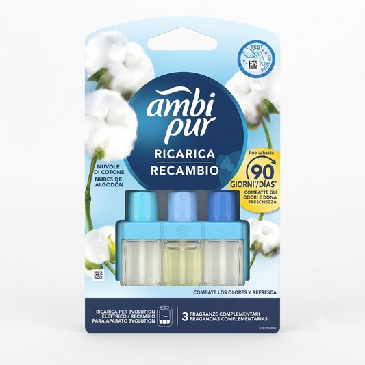 Ambi Pur 3Volution ricarica diffusore elettrico Nuvole di Cotone 20 ml elimina odori e profumazione fresca fino a 90 giorni.
