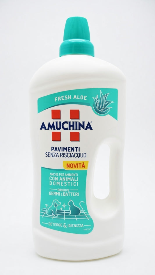 Amuchina Pavimenti Fresh Aloe 1250 ml è un detergente igienizzante senza risciacquo studiato per la pulizia quotidiana delle superfici domestiche, particolarmente indicato in case con animali domestici
