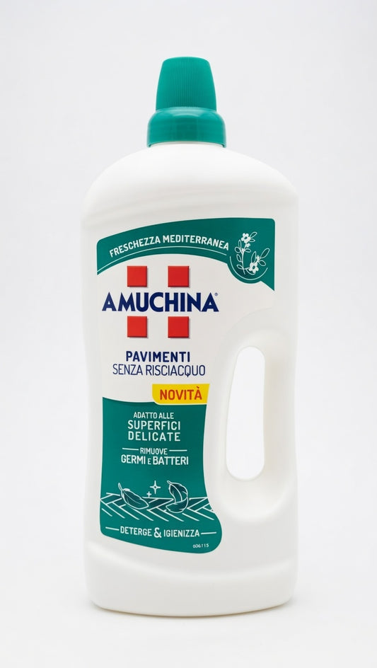 Amuchina Pavimenti Delicati Freschezza Mediterranea 1250 ml è un detergente igienizzante senza risciacquo pensato per la pulizia quotidiana di superfici delicate come parquet, marmo e gres. La sua formula rimuove sporco, germi e allergeni rispettando la naturale brillantezza
