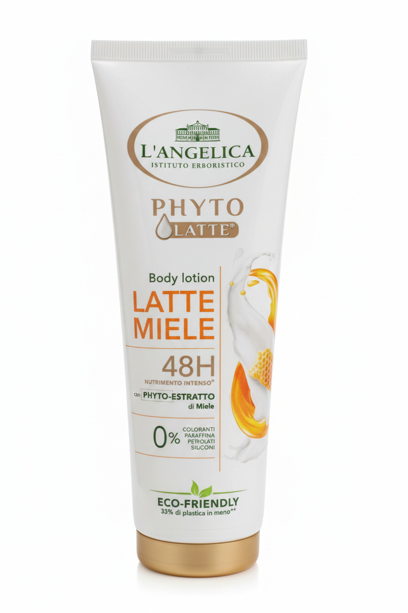 Flacone da 250ml di Lozione Corpo Phyto Latte Latte e Miele L'Angelica, crema corpo nutriente e idratante per pelle secca con tecnologia Phytolait, senza parabeni, petrolati e siliconi, texture leggera a rapido assorbimento.