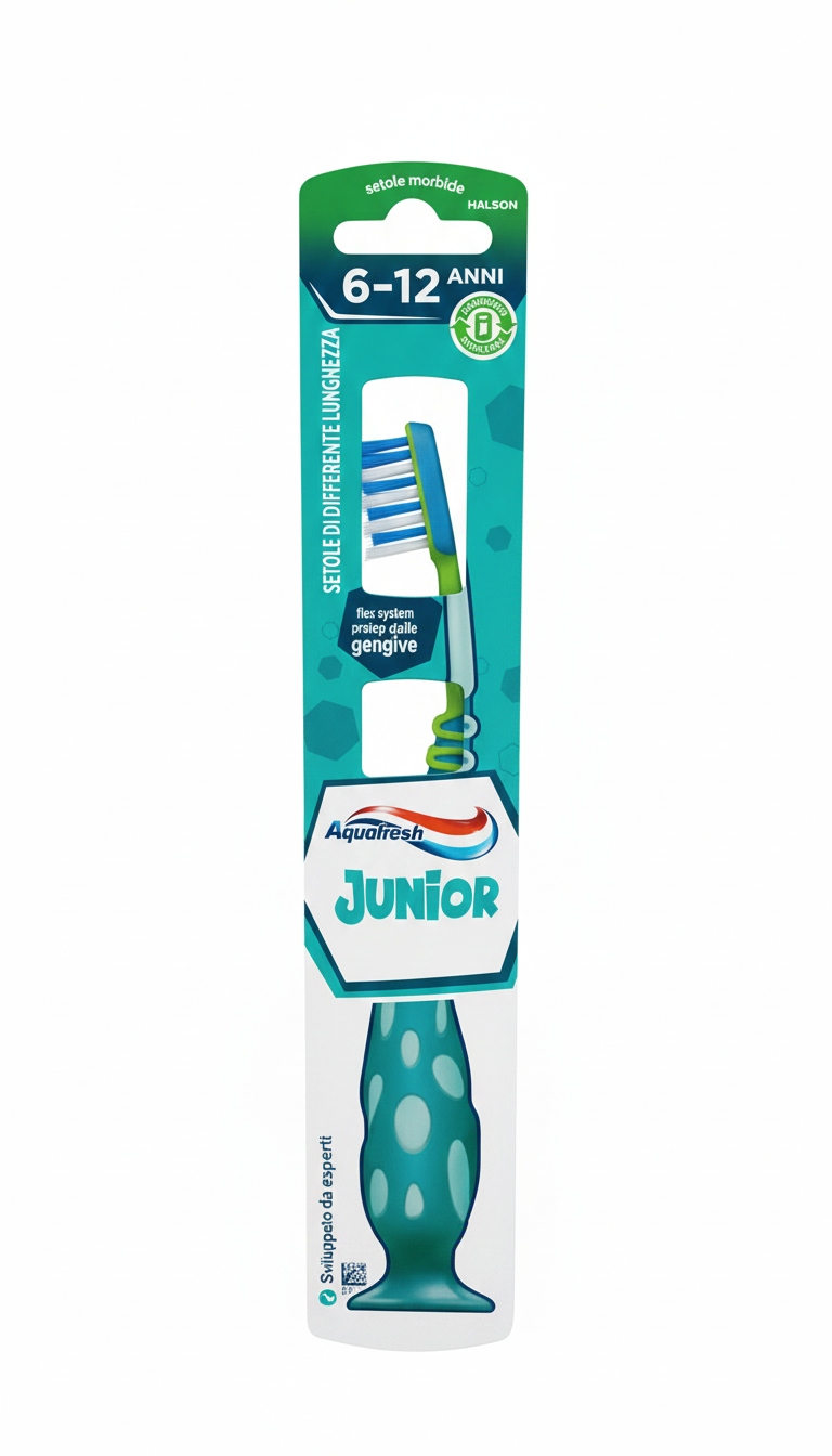 Aquafresh Spazzolino Flex Junior 6-12 Anni | Protezione Denti Permanenti e Gengive | Setole Morbide con Sistema Flex e Cappuccio