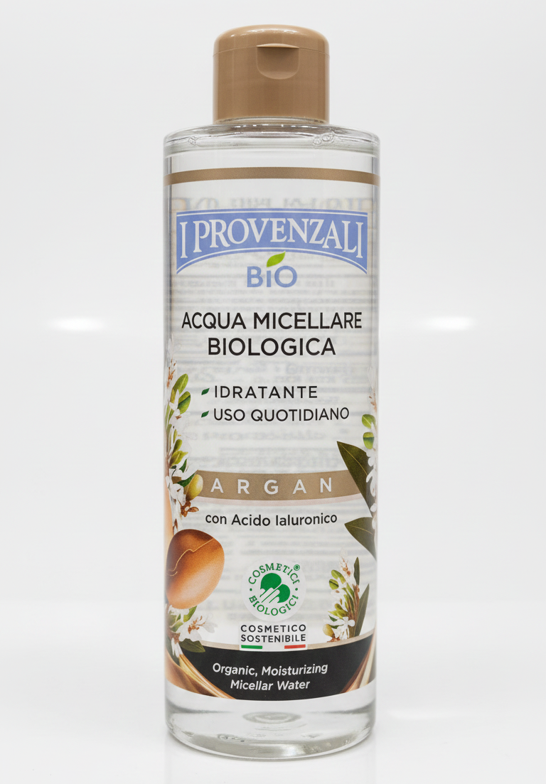 Acqua Micellare BIO Argan I Provenzali idratante con acido ialuronico, formula 100% vegan e testata al nichel, detergente e struccante delicato per uso quotidiano che lascia la pelle morbida e idratata.