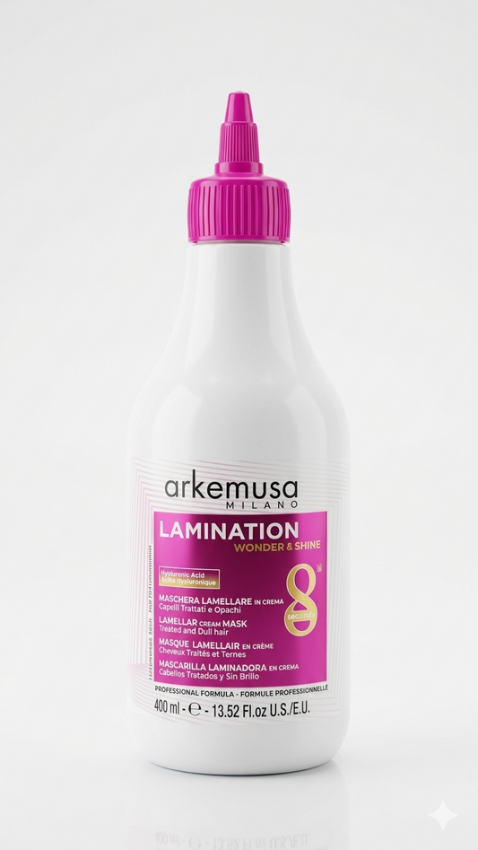 Arkemusa Milano Lamination Wonder & Shine | Maschera Lamellare in Crema 400 ml | Per Capelli Trattati e Opachi | Con Acido Ialuronico e Olio di Macadamia Bio | Effetto Brillantezza 8 Secondi