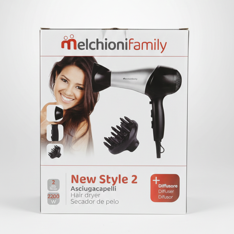 Melchioni Family New Style 2 Asciugacapelli Professionale | 2200W | 3 Temperature e 2 Velocità | Diffusore e Concentratore Inclusi | Protezione Termica Safe