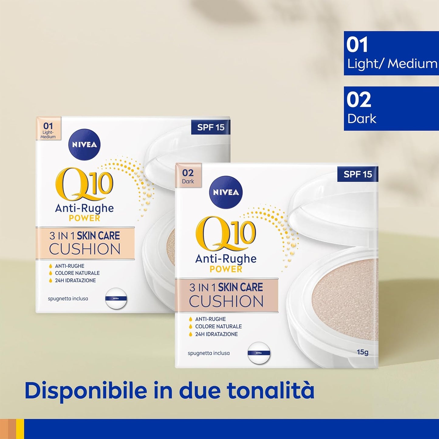 NIVEA Q10 Anti-Rughe POWER 3in1 Skin Care Cushion 15g – Fondotinta Idratante 24h con SPF 15 – Disponibile in Light-Medium e Dark