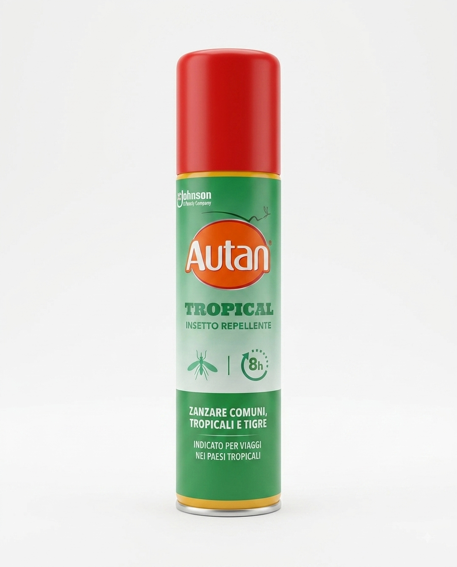 Autan Tropical Spray 100 ml, repellente per insetti a lunga durata con scudo potenziato contro zanzare comuni, zanzara tigre, zecche e tafani.