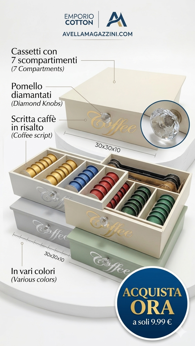 Emporio Cotton Porta Cialde da Caffè 30x30x10 cm | Cassetto Organizzatore a 7 Scomparti | Pomelli Diamantati