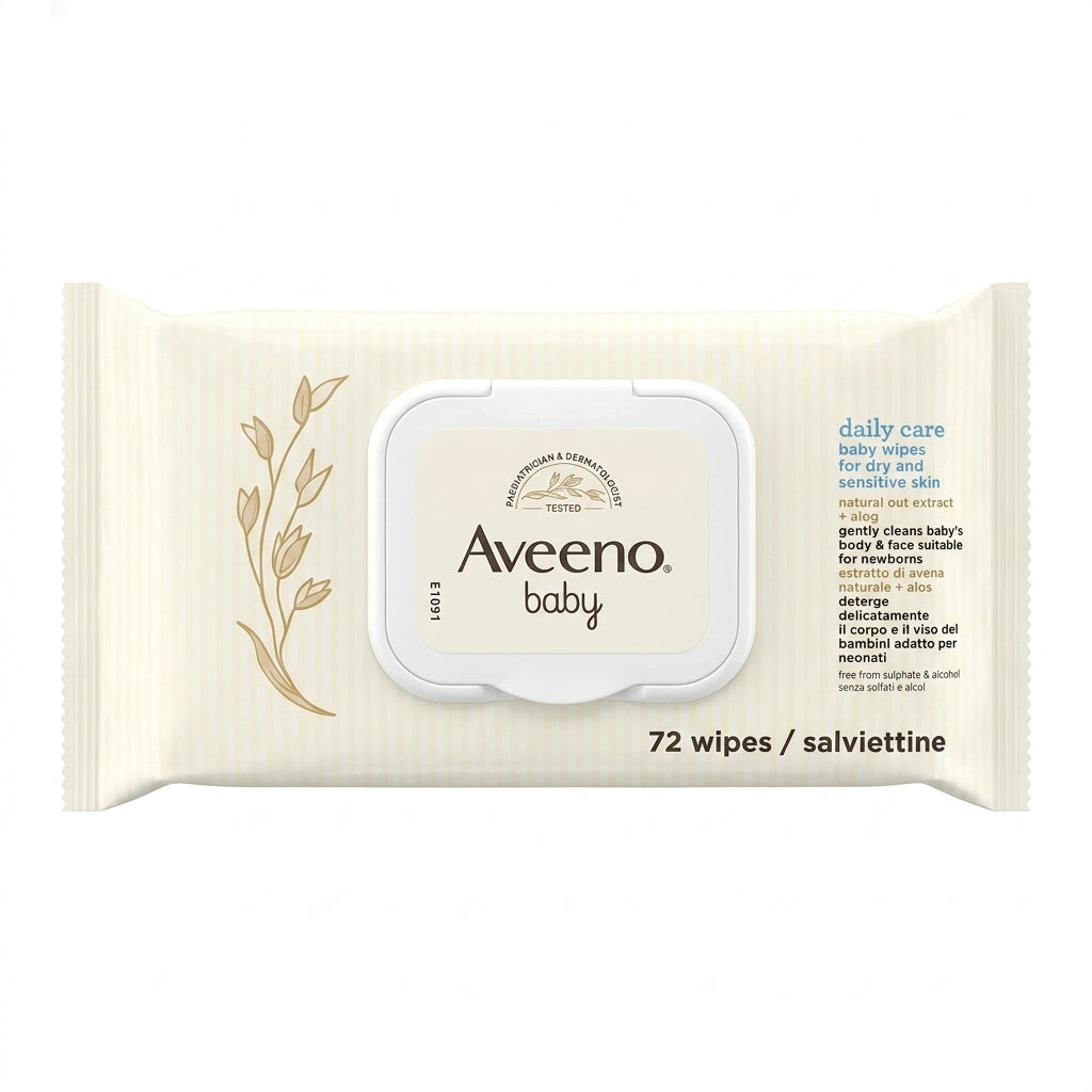 Aveeno Baby Salviettine Detergenti 72 pezzi, salviettine per la detersione delicata della pelle sensibile, con formula lenitiva a base di avena naturale e aloe vera.