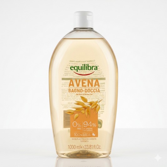Equilibra Bagno Doccia Avena 1000ml con 94% ingredienti di origine naturale, detergente corpo protettivo e delicato per tutta la famiglia. Formula con estratto di avena e tensioattivi vegetali che aiuta a detergere la pelle rispettandone l'equilibrio naturale, lasciandola morbida, protetta e piacevolmente profumata. Senza parabeni, PEG e siliconi.