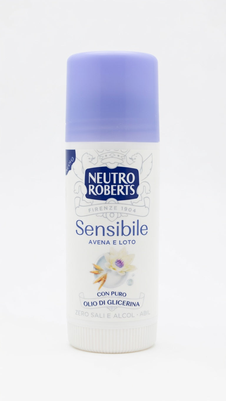 Neutro Roberts Deodorante Stick Sensibile 40 ml – Avena e Loto con Puro Olio di Glicerina – 0% Sali di Alluminio e Alcol – Protezione Delicata 48h
