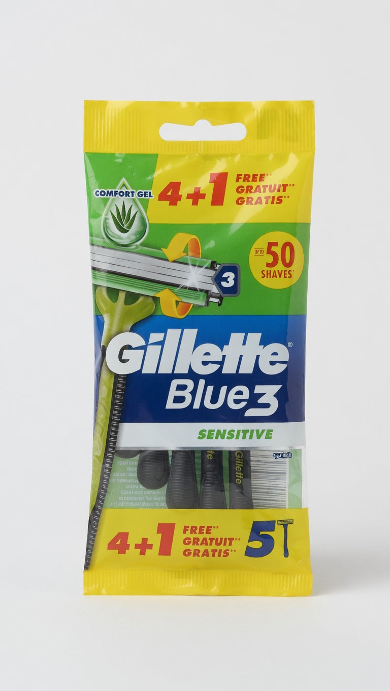 Gillette Blue 3 Sensitive Rasoio Usa e Getta | Confezione 5 Pezzi (4+1 Gratis) | 3 Lame in Cromo per Pelli Sensibili