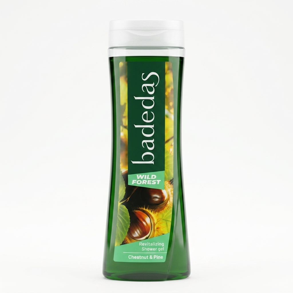 Badedas Wild Forest Gel Doccia Rivitalizzante 600 ml, con estratti di castagna e pino, fragranza fresca e tonificante, in bottiglia PET riciclabile.