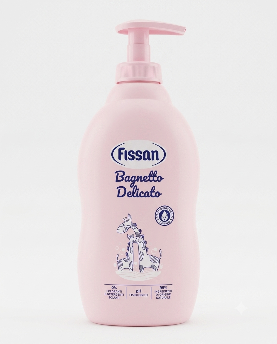 Flacone di Fissan Bagno Delicato 400ml con estratti di camomilla per igiene quotidiana del bambino, formula lenitiva ed emolliente per pelle sensibile.