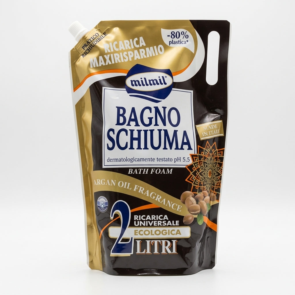 Mil Mil Bagnoschiuma Ricarica Maxirisparmio Argan Oil 2 Litri Eco-Doypack – pH 5.5 Dermatologicamente Testato