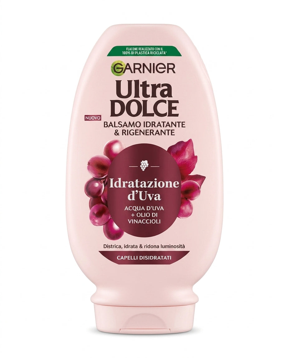 Garnier Ultra Dolce Idratazione d'Uva Balsamo 200 ml, con acqua d'uva e olio di vinaccioli, formulato per capelli idratati, morbidi e luminosi.