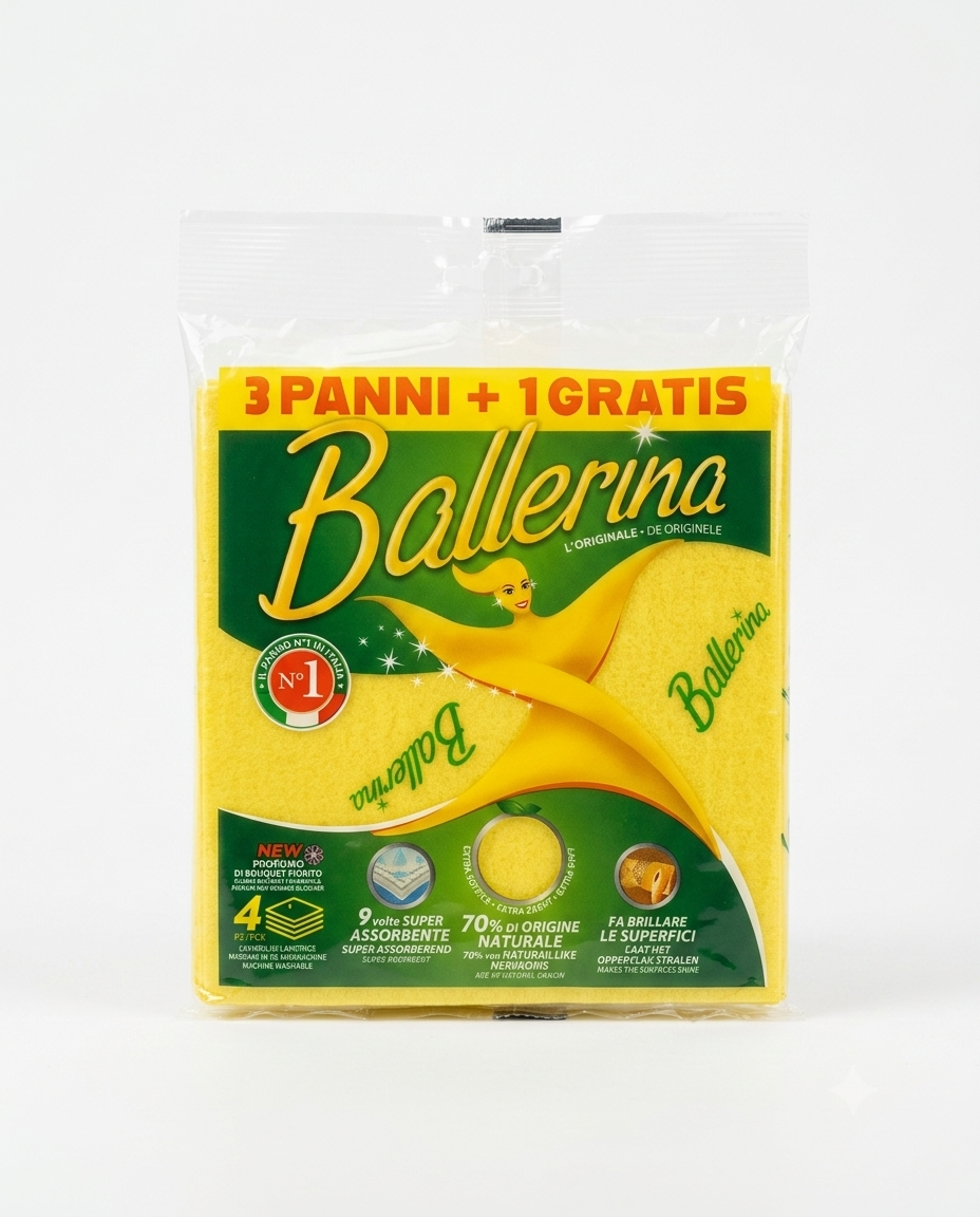 Ballerina panni multiuso 3+1 con profumo bouquet fiorito, ideali per la pulizia quotidiana di superfici domestiche.