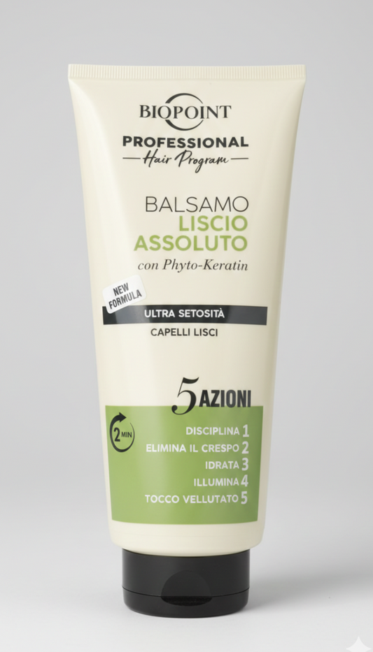 Biopoint Professional Balsamo Liscio Assoluto 350 ml, trattamento anti-crespo 5 azioni con fito-cheratina e polimeri termo-attivi, aiuta a districare i capelli, disciplinare la fibra capillare e donare un effetto liscio, morbido e luminoso a lunga durata.