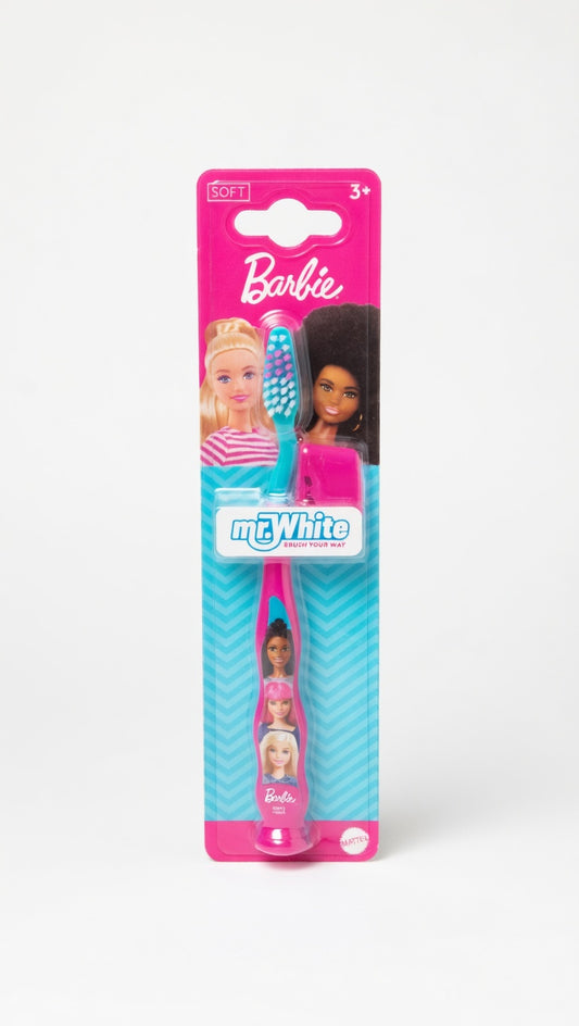 Mr. White Spazzolino Manuale Barbie 4+ Anni | Setole Morbide e Arrotondate con Ventosa e Cappuccio | Igiene Orale Bambini