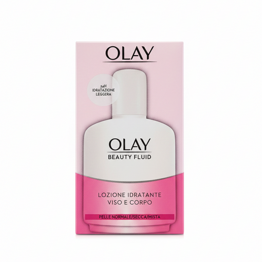 OLAY Beauty Fluid 100ml – Lozione Idratante Leggera 24H Viso e Corpo – Non Grassa, pH Neutro – Pelli Normali/Secche/Miste