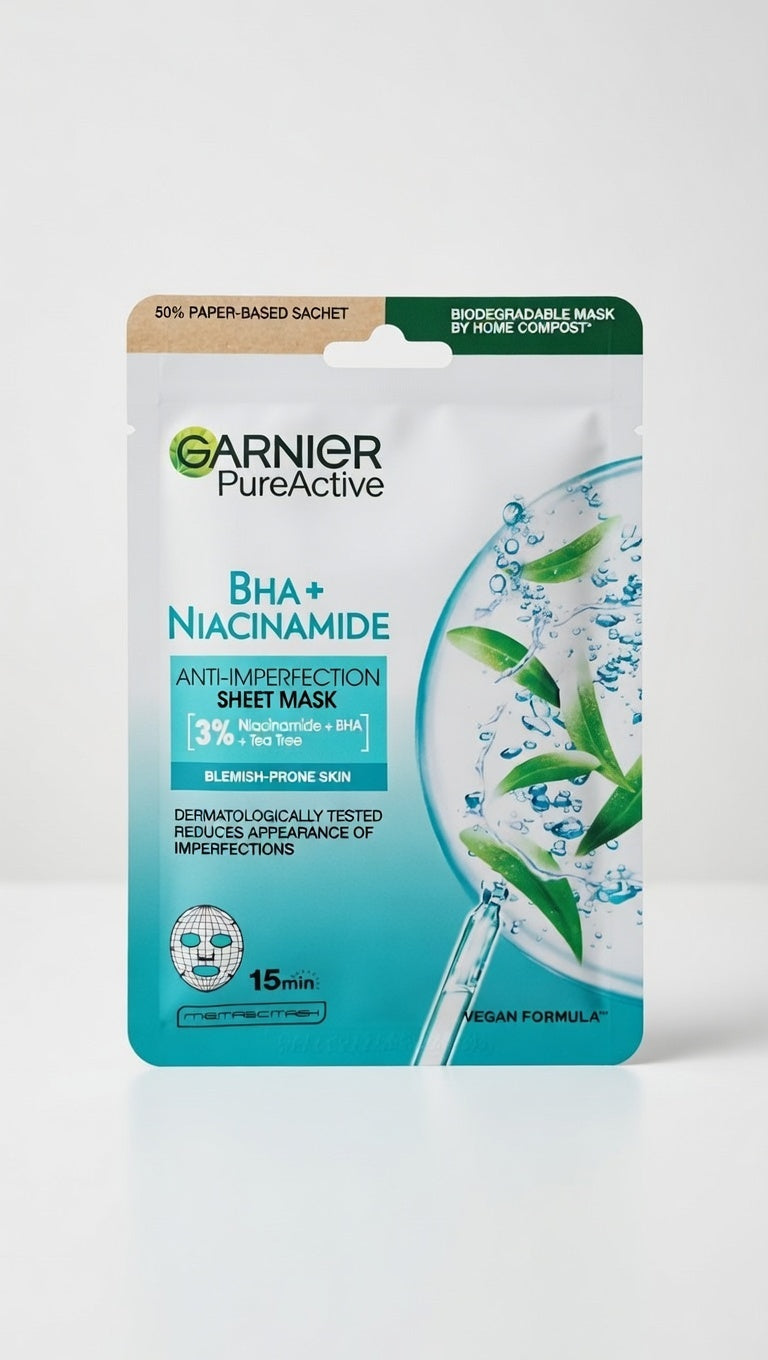 Garnier Pure Active Maschera in Tessuto Anti-Imperfezioni | BHA + Niacinamide 3% | Azione Purificante e Opacizzante | Per Pelli con Acne e Pori Ostruiti | Risultati in 15 Minuti