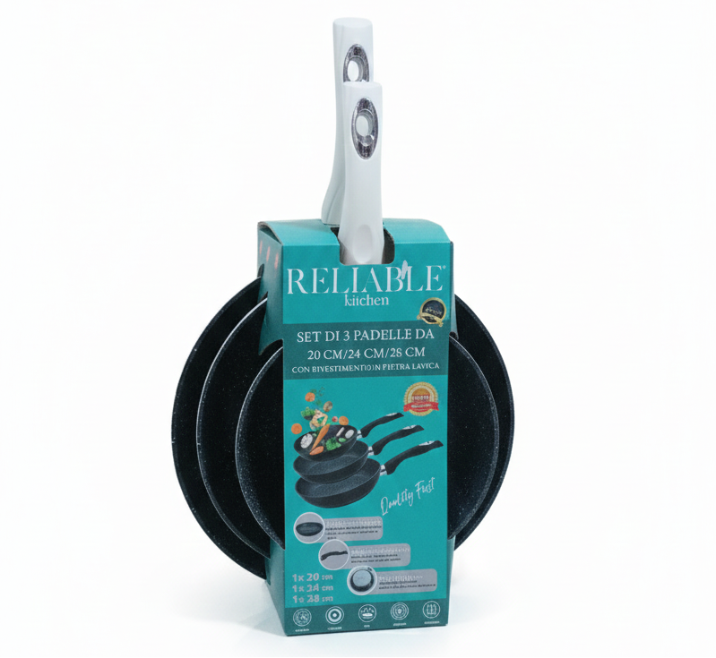 Reliable Kitchen Set 3 Padelle Antiaderenti 20/24/28 cm – Rivestimento Marmo/Pietra Lavica – Manico Soft Touch – Adatte a Induzione