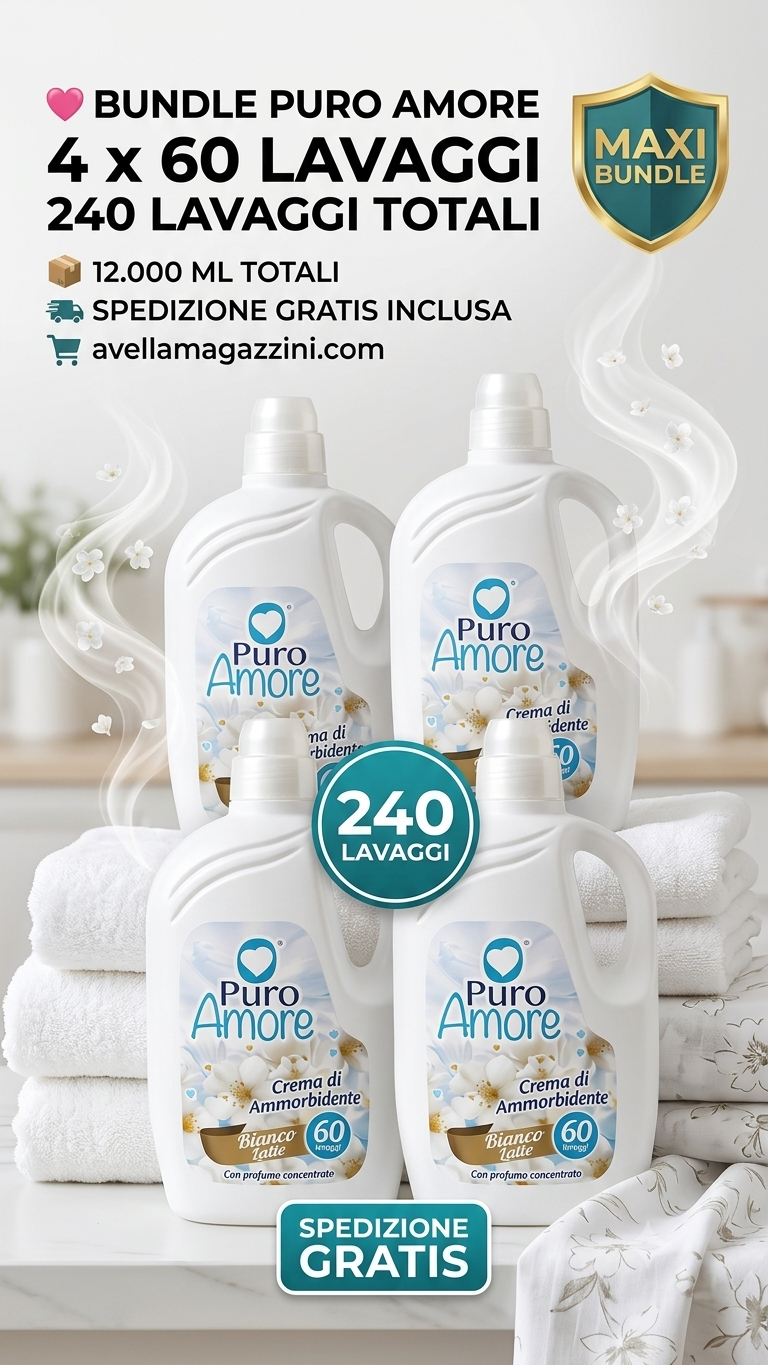 Puro Amore Ammorbidente Ultra Concentrato Mega Bundle 240 Lavaggi (12000 ml) – Crema di Ammorbidente per Morbidezza Estrema e Stiratura Facile – Disponibile in 6 Varianti
