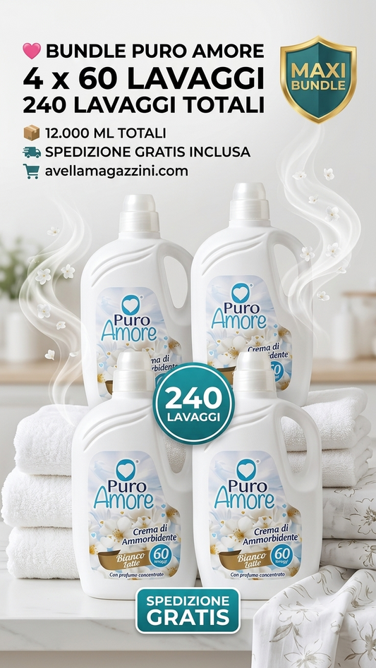 Puro Amore Ammorbidente Ultra Concentrato Mega Bundle 240 Lavaggi (12000 ml) – Crema di Ammorbidente per Morbidezza Estrema e Stiratura Facile – Disponibile in 6 Varianti