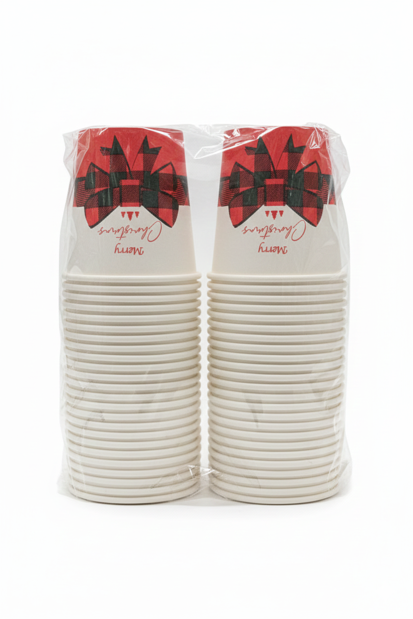 Lulù - Set 50 Bicchieri Carta Decorazione Natalizia Bio Christmas (180 ml) $\mid$ Tema Plaid/Fiocco