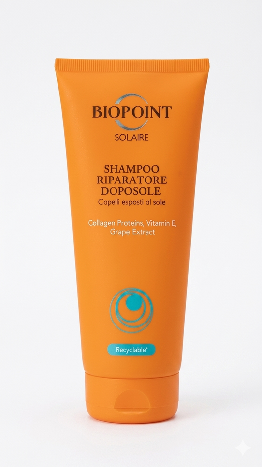 Biopoint Solaire Shampoo Riparatore Doposole 200ml | Con Proteine Collageniche, Vitamina E ed Estratto d'Uva | Idratazione e Nutrizione per Capelli Esposti al Sole