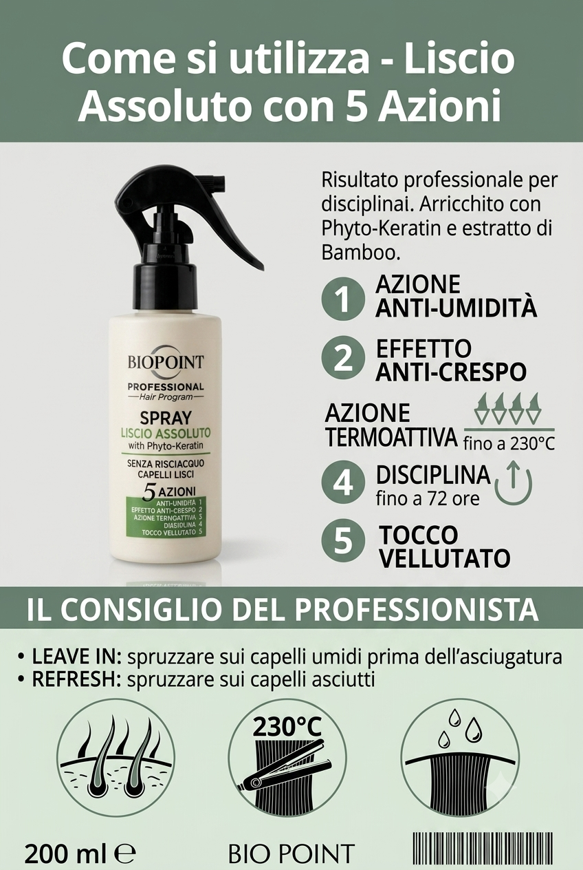 Biopoint Professional Hair Program Spray Liscio Assoluto con Phyto-Keratin – Termoprotettore Termoattivo e Anti-Crespo 72 Ore per Capelli Lisci