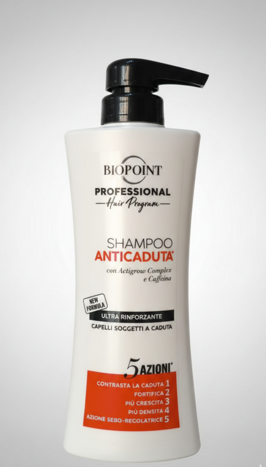 Biopoint Professional Shampoo Anticaduta 400ml con Actigrow Complex e caffeina, azione rinforzante e densificante per capelli deboli, aiuta a ridurre la caduta e stimola la crescita.