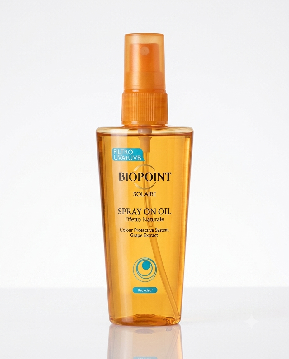 Biopoint Spray On Oil 100ml olio solare per capelli con olio di jojoba ed estratto d'uva protegge da sole, secchezza e scolorimento dei capelli.