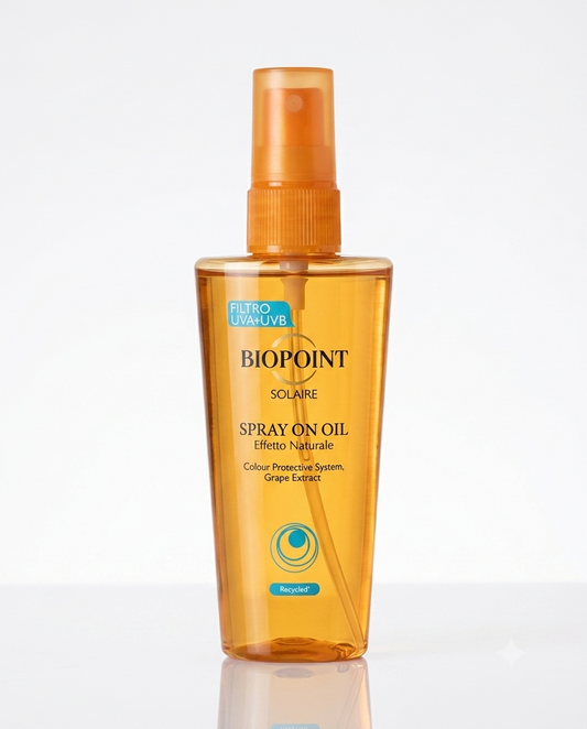 Biopoint Spray On Oil 100ml olio solare per capelli con olio di jojoba ed estratto d'uva protegge da sole, secchezza e scolorimento dei capelli.