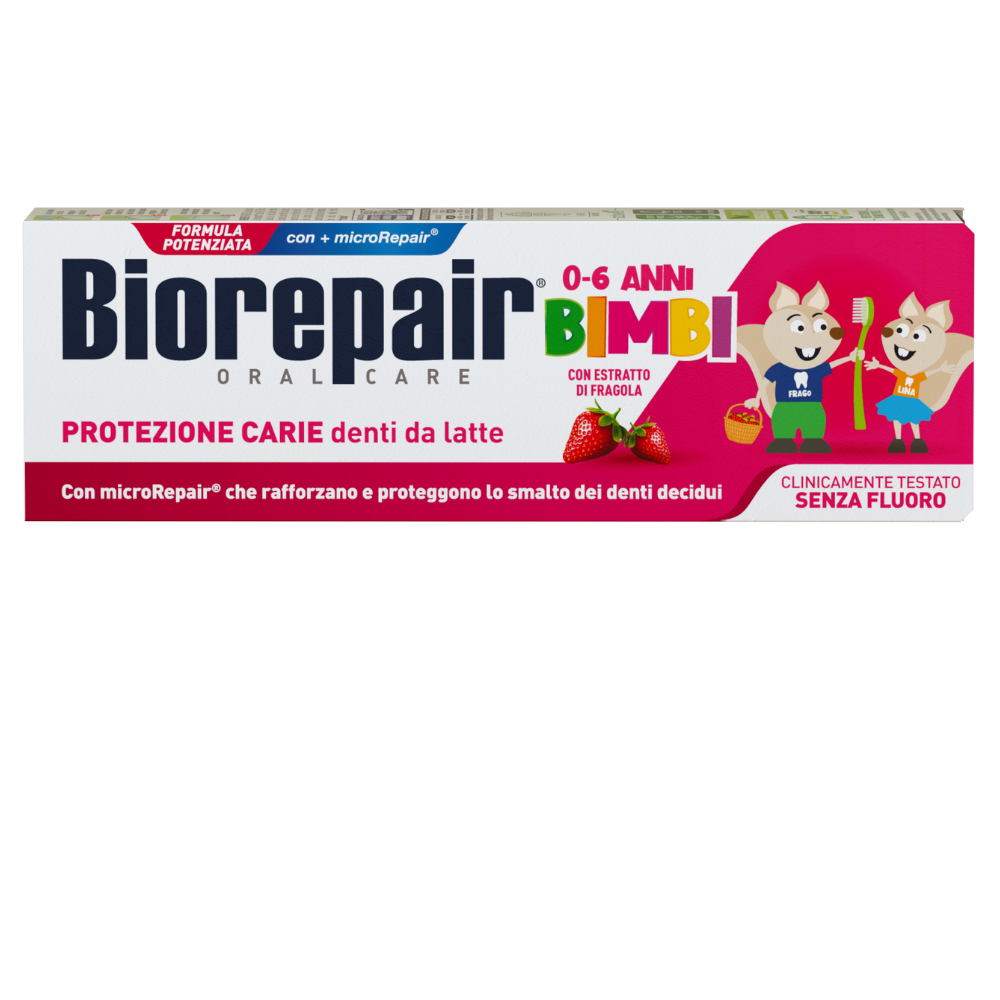 Biorepair Kids 0-6 Anni Dentifricio Fragola 50 ml, senza fluoro con tecnologia microRepair®, aiuta a proteggere i denti da latte dalla carie, rinforza lo smalto e offre una pulizia delicata ideale per i più piccoli.
