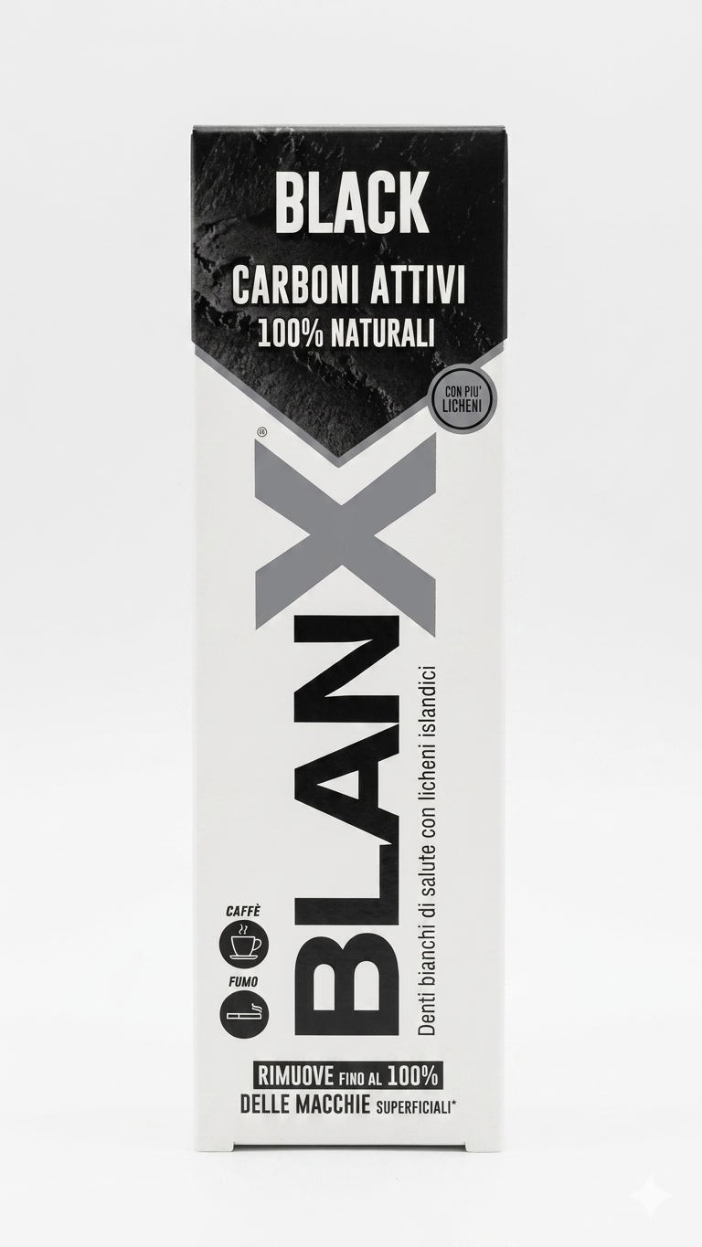BlanX® Black | Carboni Attivi 100% Naturali e Licheni Islandici | Dentifricio Sbiancante Pasta Nera | Anti-Macchia Smalto Non Abrasivo – Sorriso Splendente e Bianco Autentico 75 ml