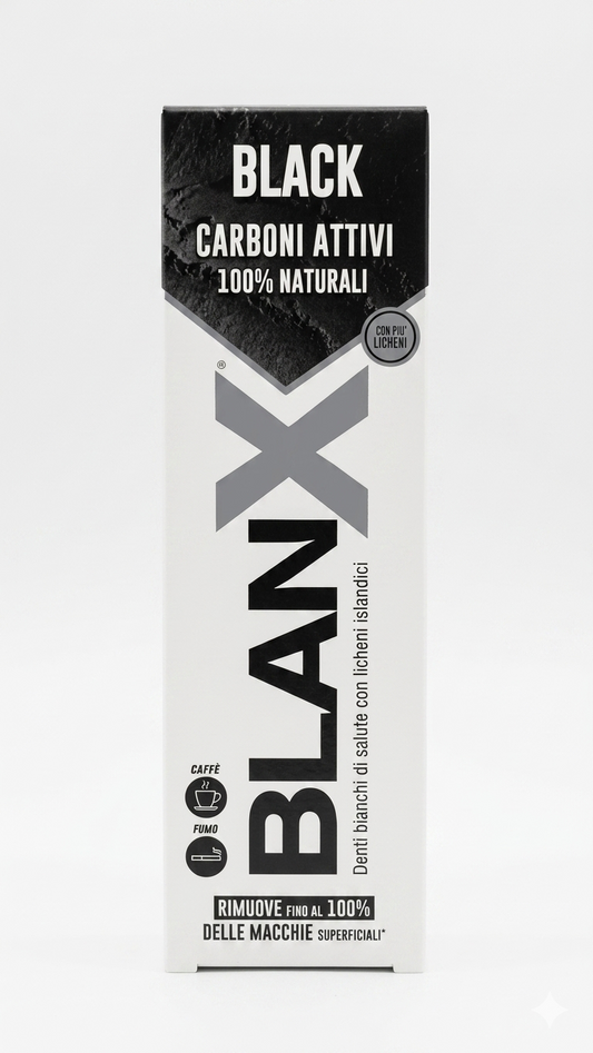 BlanX® Black | Carboni Attivi 100% Naturali e Licheni Islandici | Dentifricio Sbiancante Pasta Nera | Anti-Macchia Smalto Non Abrasivo – Sorriso Splendente e Bianco Autentico 75 ml