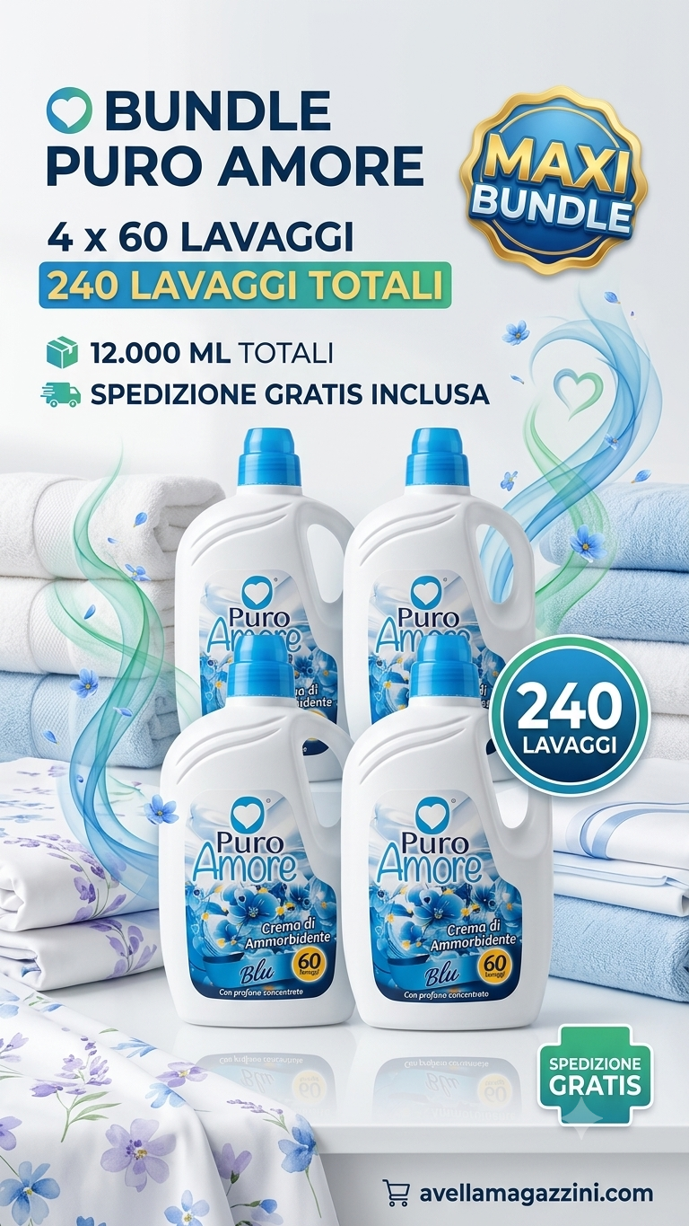 Puro Amore Ammorbidente Ultra Concentrato Mega Bundle 240 Lavaggi (12000 ml) – Crema di Ammorbidente per Morbidezza Estrema e Stiratura Facile – Disponibile in 6 Varianti