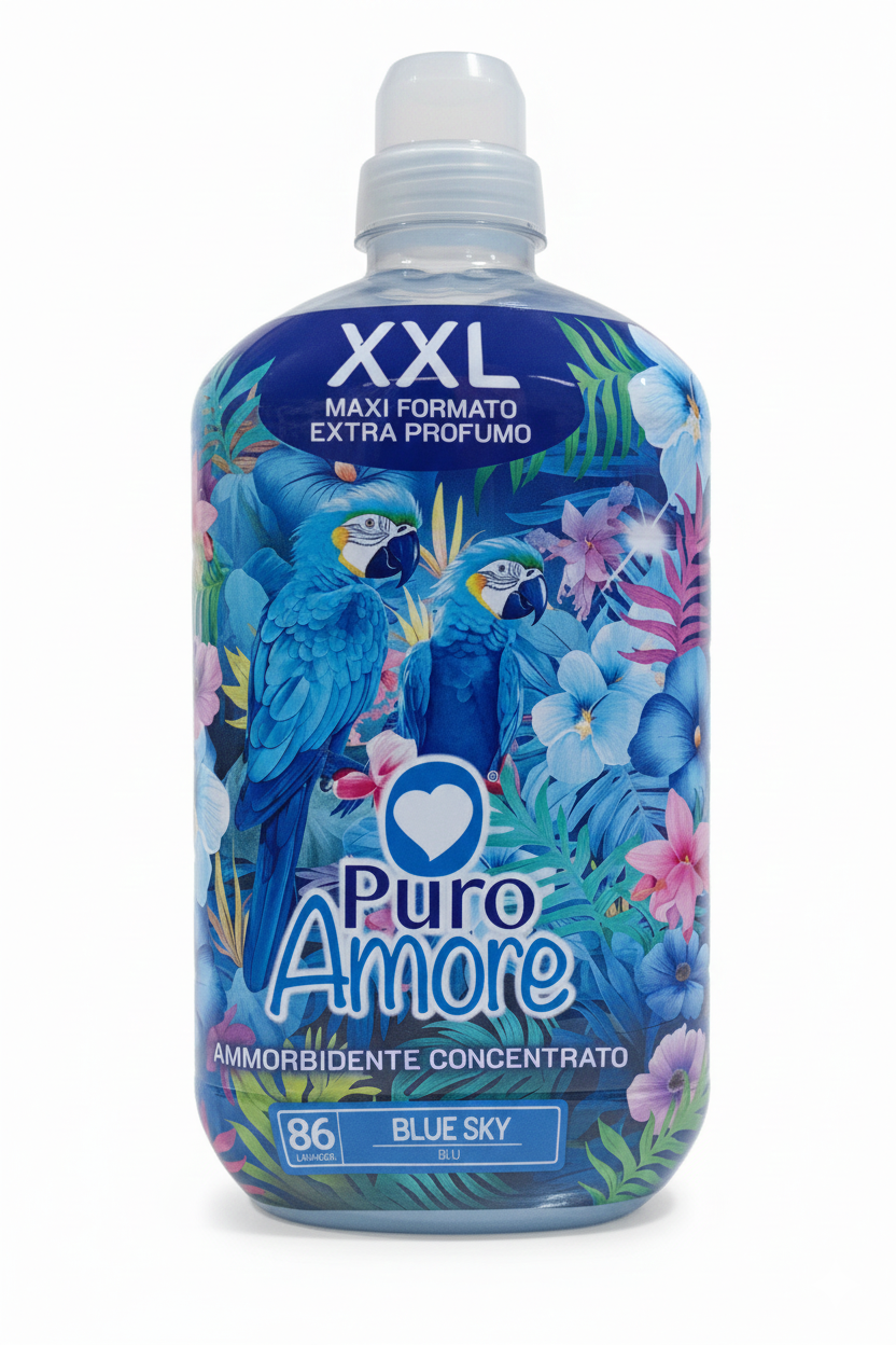 Puro Amore Blue Sky ammorbidente concentrato XXL 1806 ml, 86 lavaggi, oli essenziali, effetto nuvola.
