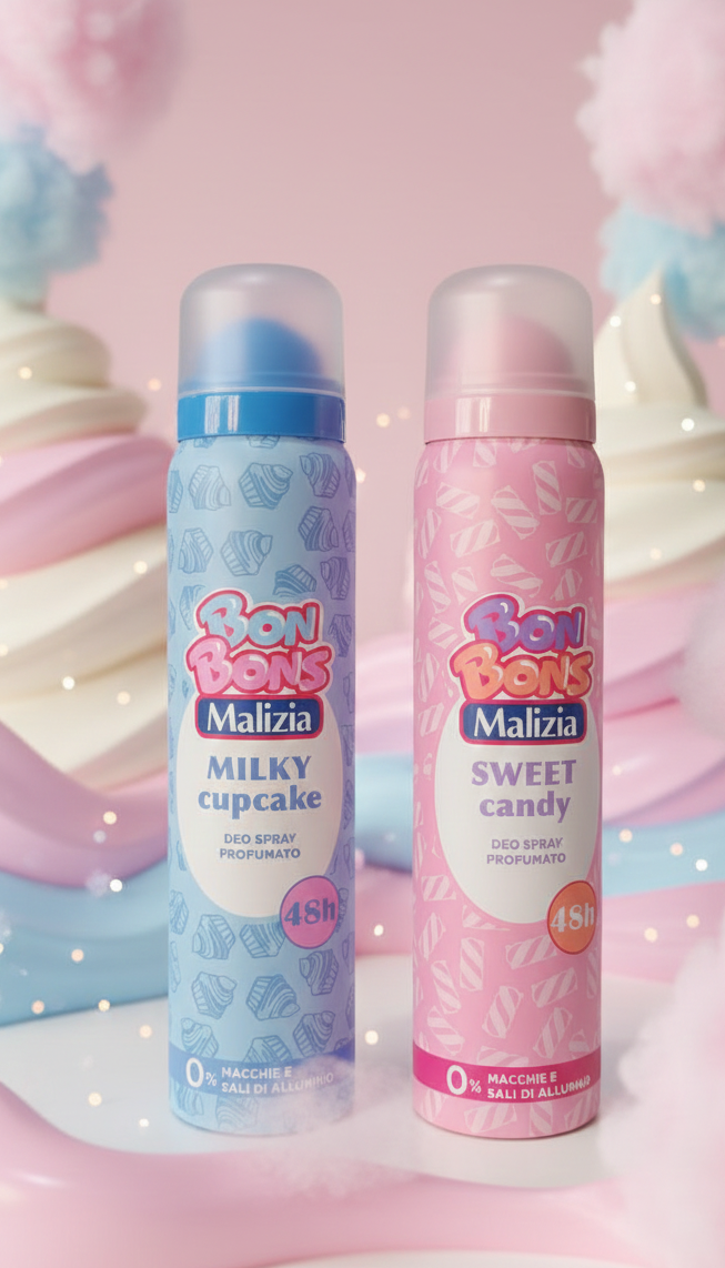 Bon Bons by Malizia Deodorante Spray 100 ml | 48h Efficacia | Senza Sali di Alluminio e Anti-Macchia | Profumi Sweet Candy & Milky Cupcake