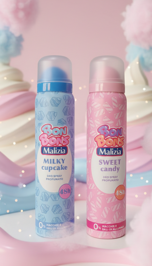 Bon Bons by Malizia Deodorante Spray 100 ml | 48h Efficacia | Senza Sali di Alluminio e Anti-Macchia | Profumi Sweet Candy & Milky Cupcake