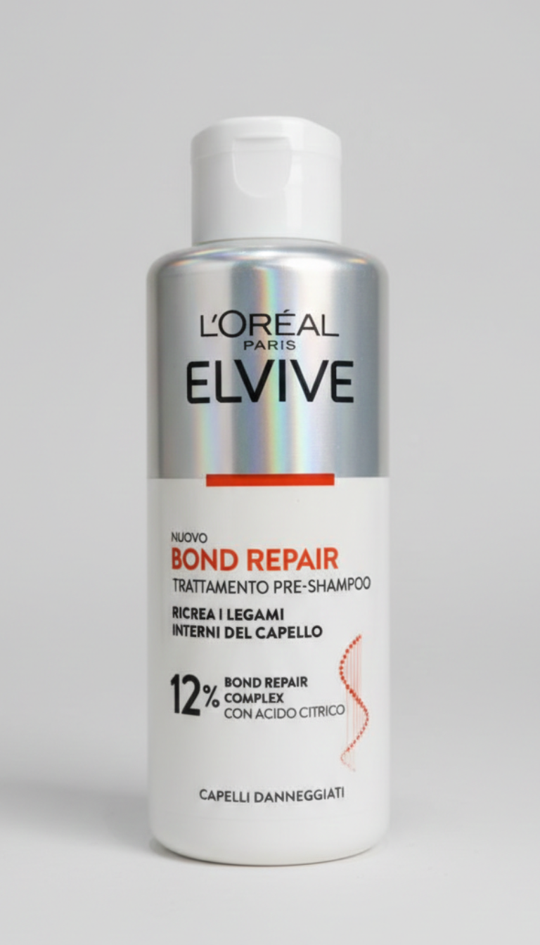 L'Oréal Elvive Bond Repair Pre-Shampoo 200ml con Acido Citrico, trattamento ricostruttore per capelli danneggiati e decolorati.
