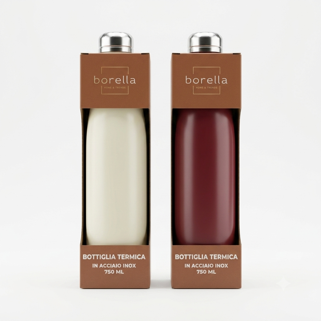 Borella Bottiglia Termica Inox 750 ml, bottiglia in acciaio inox a doppio strato con tappo ermetico in silicone, progettata per mantenere la temperatura delle bevande fino a 24 ore.