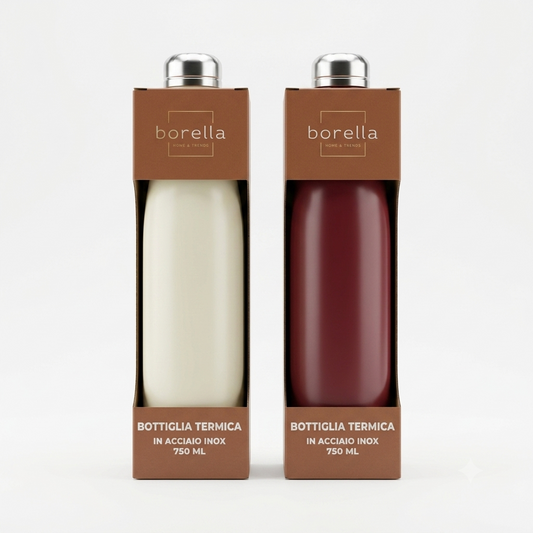 Borella Bottiglia Termica Inox 750 ml, bottiglia in acciaio inox a doppio strato con tappo ermetico in silicone, progettata per mantenere la temperatura delle bevande fino a 24 ore.