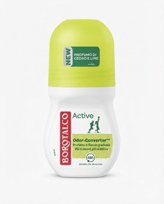 Deodorante roll-on Borotalco Active Cedro e Lime 50 ml con microcapsule attive, protezione 48 ore, formula 0% alcol e fragranza agrumata energizzante.