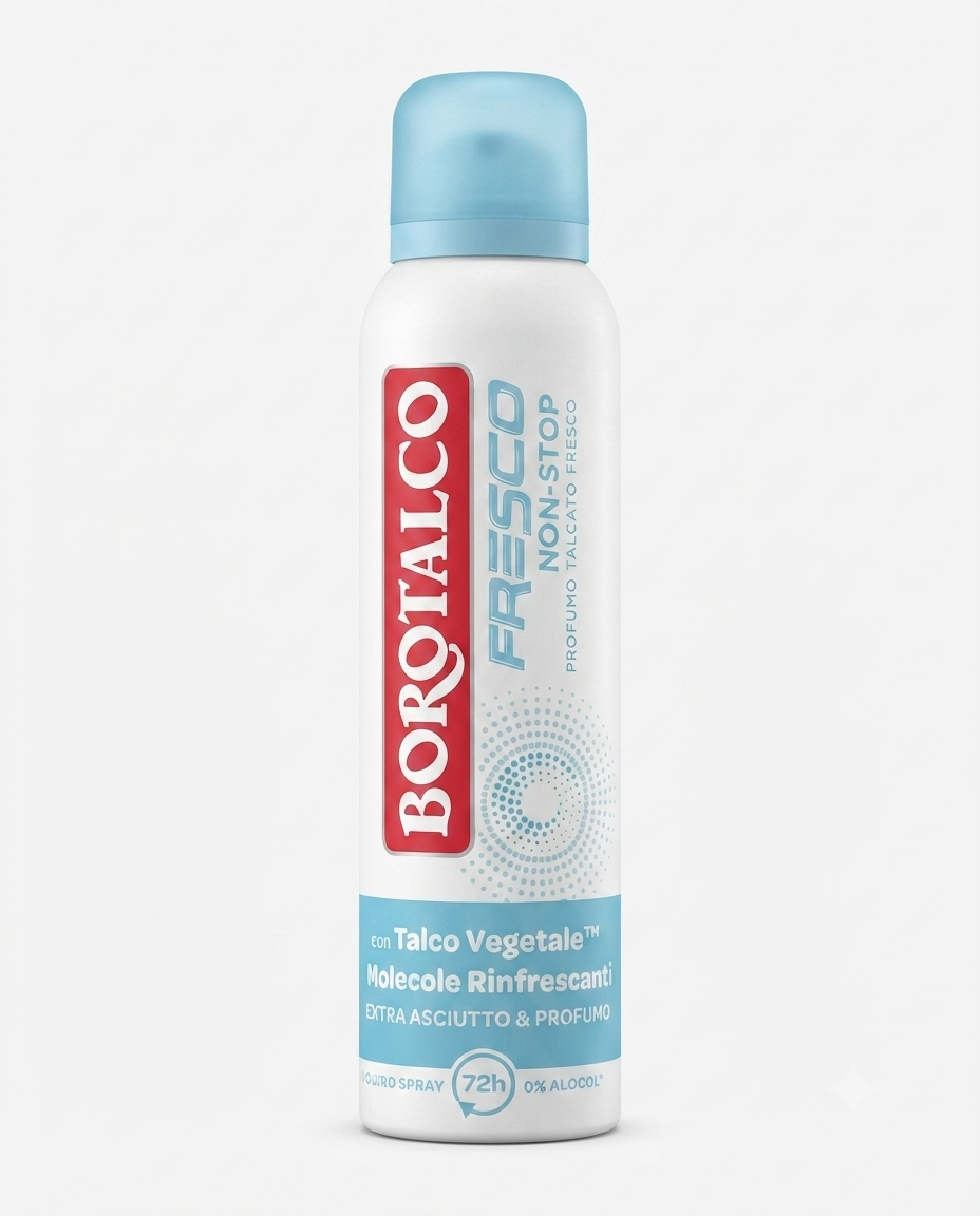 BOROTALCO Fresh Spray Profumo di Talco Fresco 150 ml, deodorante con tripla protezione fino a 48 ore, formula con Talco a Cristalli Attivi™ e 0% alcool, aiuta a mantenere la pelle fresca e asciutta contrastando i cattivi odori con la delicata e iconica profumazione di talco fresco.