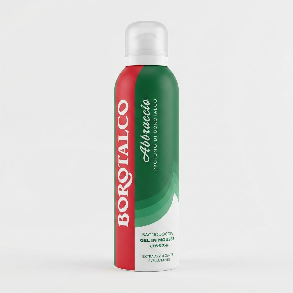 Borotalco Abbraccio Bagnodoccia Gel in Mousse 200 ml, mousse concentrata extra avvolgente con profumo Borotalco Originale ed effetto vellutante sulla pelle.
