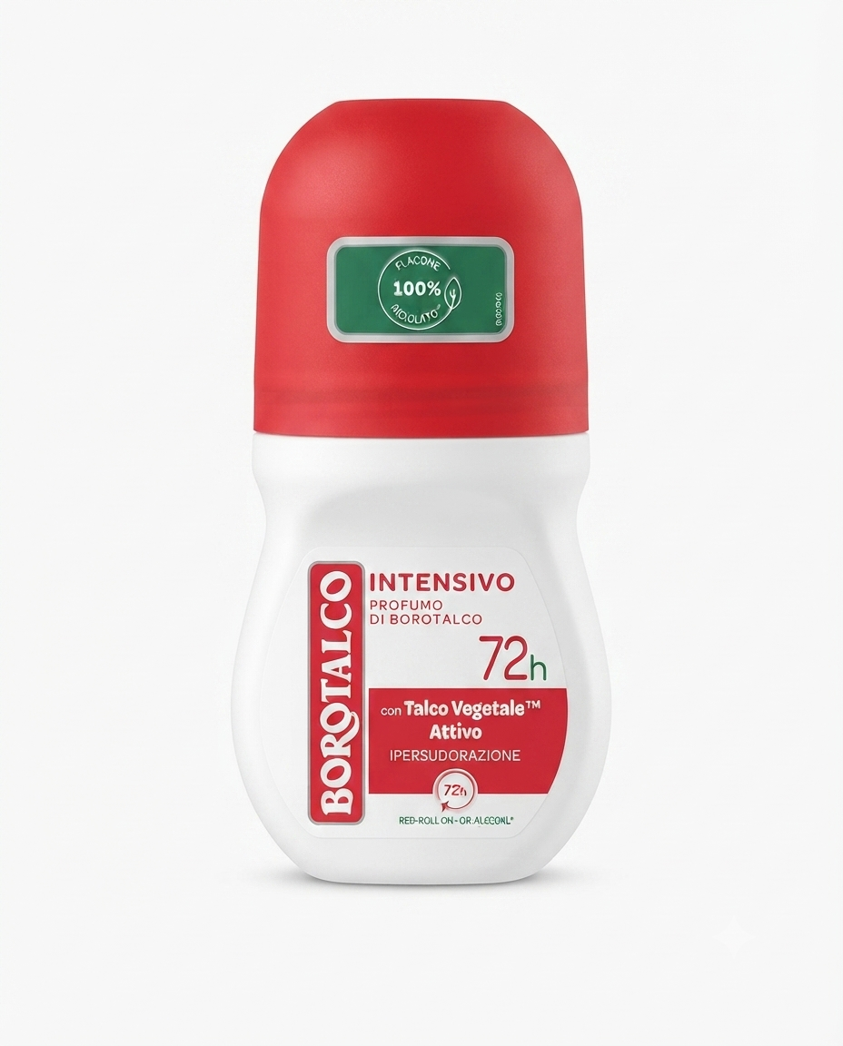 Deodorante roll-on Borotalco Intensivo 50 ml con Talco a Cristalli Attivi™, protezione 72 ore per ipersudorazione, senza alcol e profumo originale.
