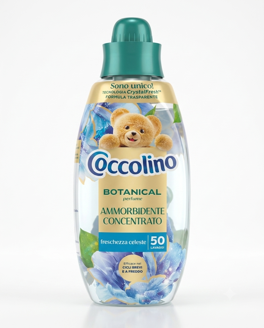 Flacone Coccolino Botanical Perfume Freschezza Celeste 750 ml ammorbidente concentrato trasparente CrystalFresh™ naturale botanico
